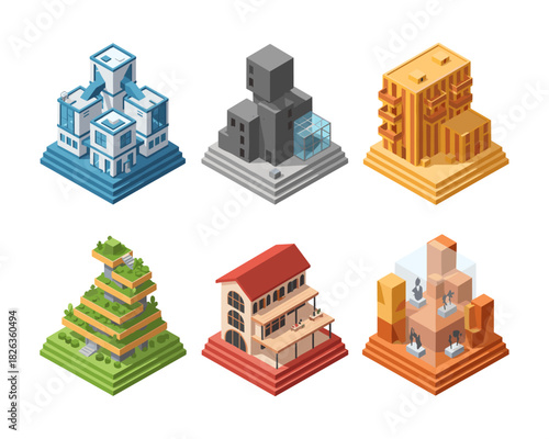 Set of isometric modern city buildings illustration