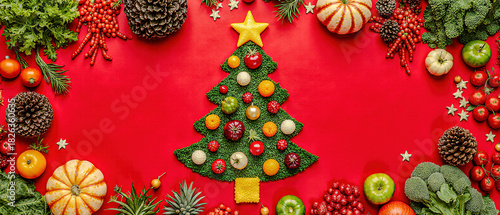 Fototapeta Naklejka Na Ścianę i Meble -  Christmas tree made of fresh vegetables and fruits on red background.