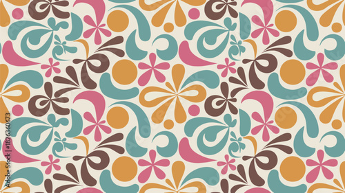 Vibrant retro floral pattern with swirling abstract shapes and dots