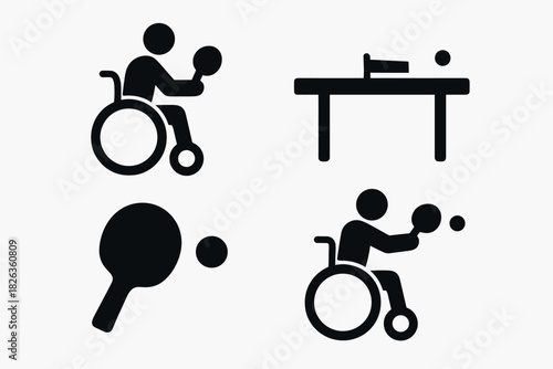 Inclusive table tennis icons: wheelchair accessibility and sports equipment