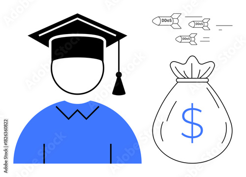 Graduate wearing mortarboard faces financial issues symbolized by money bag and cybersecurity risk illustrated by DDoS rockets. Ideal for education, finance, cybersecurity, technology, career