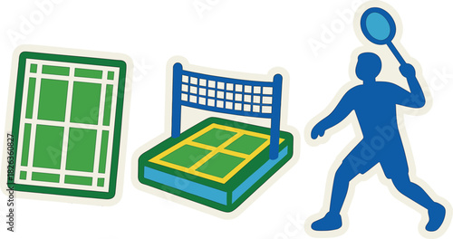 Colorful tennis icons featuring court net and player silhouette