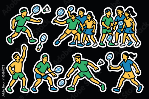 Dynamic badminton stickers featuring players in action on black background