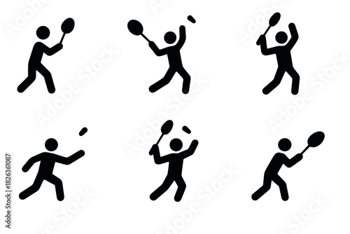 Silhouette icons of people playing badminton in dynamic action poses