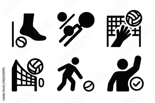 Silhouette icons of sports activities: soccer, ping pong, and volleyball