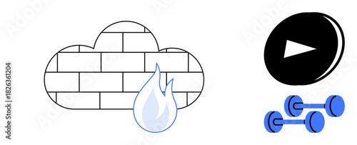 Brick cloud with fire at center, play icon, and dumbbells on side. Ideal for cloud computing, security, streaming, fitness, data safety, digital transformation and simple flat metaphor
