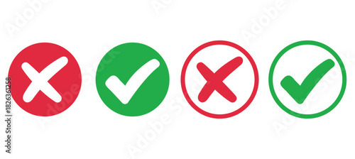 Checkmark x mark icon. Green checkmark and red x sign.