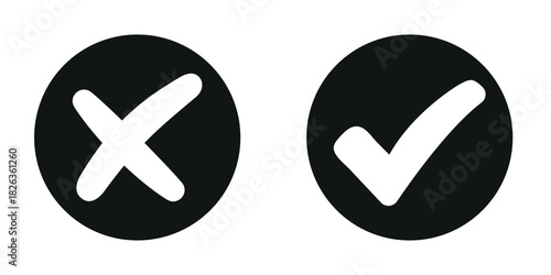 Black check mark and black cross mark in circle. Vector illustration
