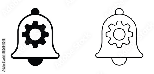 Notification Bell With Gear Line And Solid Icon Set. Alert Settings, Customization, And Configuration Silhouette Symbol Collection. Manage Notifications And Preferences. Isolated Vector Illustration.