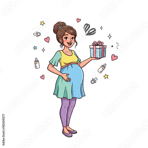 Pregnant woman holding a gift, surrounded by baby-related symbols, celebrating motherhood and the joy of a newborn