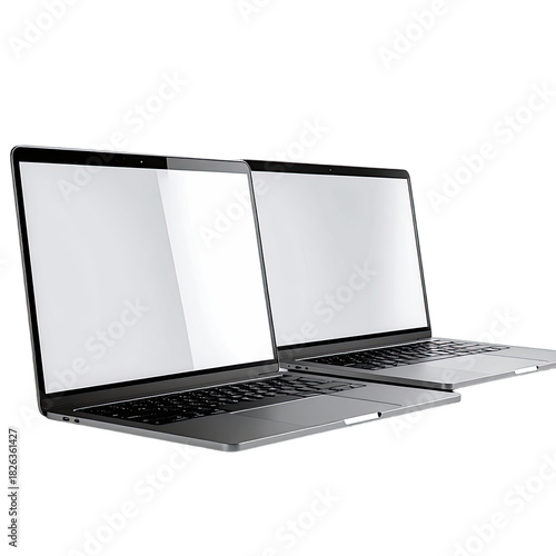 Two modern silver laptops with blank screens set against a black background.