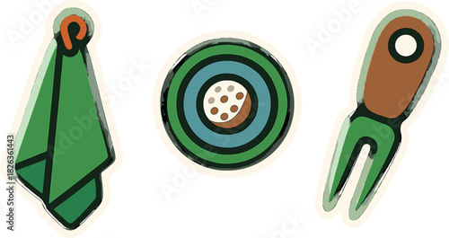 Golf equipment stickers: green towel, ball in hole, divot repair tool
