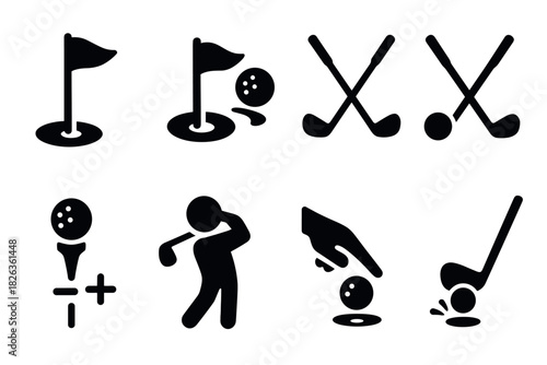 Minimalist golf icons set featuring clubs, flags, and players in silhouette style