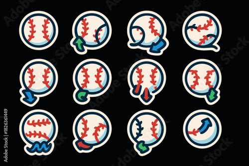 Baseball sticker set with iconic styles and dynamic motion graphic elements