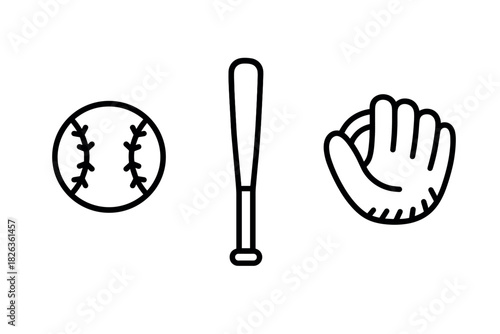 Baseball essentials: simplistic line art of ball, bat, and glove
