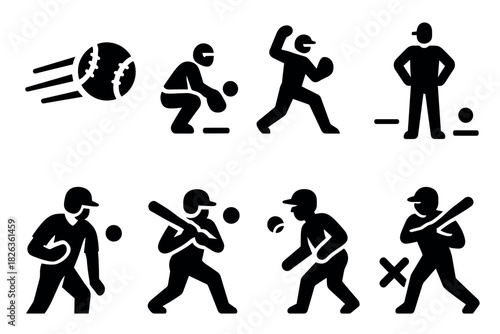 Baseball silhouette icon set: players, balls, and equipment in action