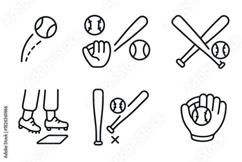 Minimalist baseball icons and equipment line art