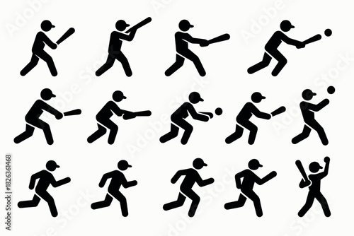 Silhouette icons: baseball player actions in various poses for sports design