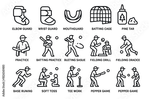 Minimalist baseball training icons set for coaches and athletes