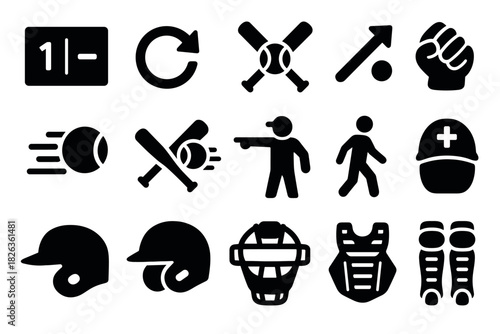 Solid icons of baseball equipment, actions, and people in motion