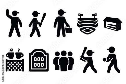 Baseball pictogram set: sports icons featuring players, equipment, and stadium symbols