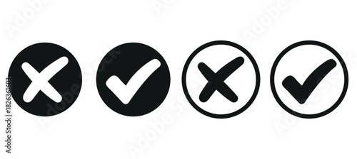 Black check mark and black cross mark in circle. Vector illustration

