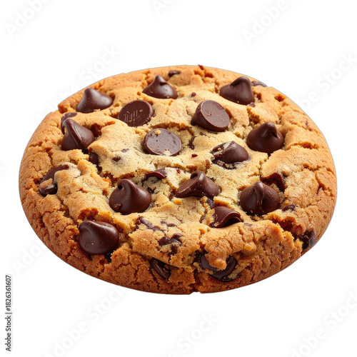 A close-up, isolated view of a single, perfectly baked chocolate chip cookie against a black background.