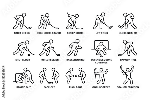 Hockey actions set: outline icons of key techniques and celebrations