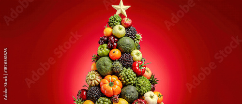 Fototapeta Naklejka Na Ścianę i Meble -  Christmas tree made of fresh vegetables and fruits on red background.