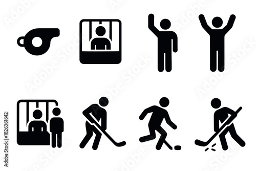 Hockey icon set: whistle, referee, players, celebration, penalty box