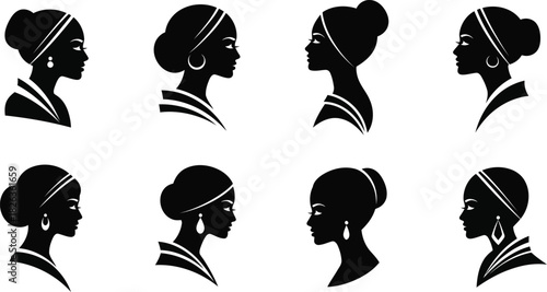 Silhouettes of diverse womens heads in profile, showcasing various hairstyles and elegant features, isolated on