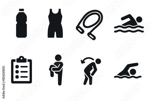 Active lifestyle icons: fitness, swimming, and exercise in monochrome silhouette designs