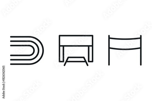 Minimalist linear icons of racing track, award podium, and finish line banner