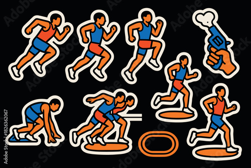 Dynamic running stickers: athlete silhouette and racing icons with bold outlines