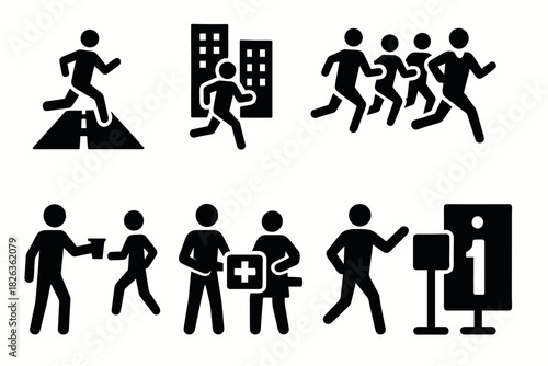 Pictogram set of people running, delivering, and visiting information point in urban environment