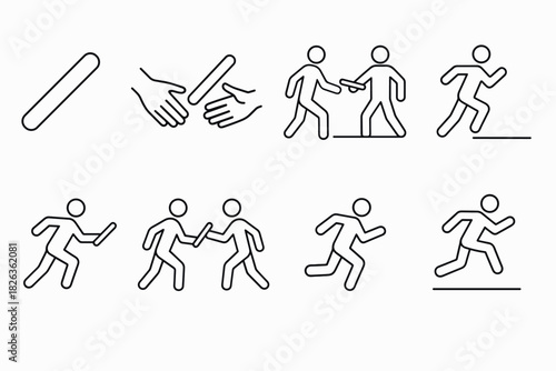 Line art relay race sequence with baton passing and running figures