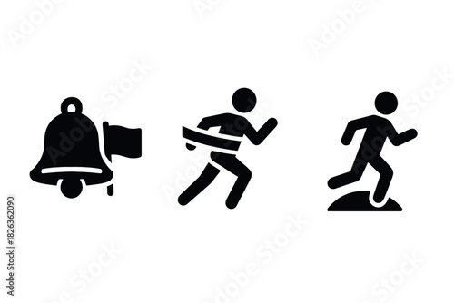 Silhouette icons of notification, finish line runner, and uphill jogger