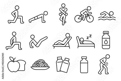 Fitness and wellness icons: linear illustrations of exercise, nutrition, and health activities