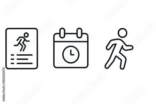 Fitness schedule icons: linear style runner, calendar, and exercise symbols