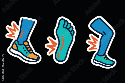 Vibrant cartoon style footwear and foot pain vector with bold outlines