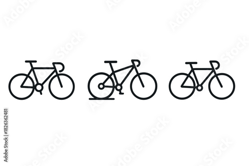 Minimalist bicycle icon set with three linear bicycle designs