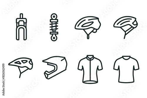 Cycling gear icons: helmet, suspension, and apparel in minimalist linear design