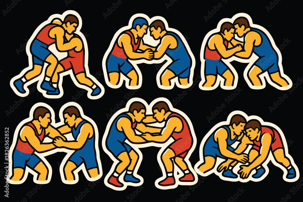 Fototapeta premium Dynamic wrestling duo stickers in bold colors on dark background