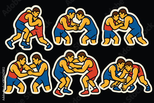 Dynamic wrestling duo stickers in bold colors on dark background