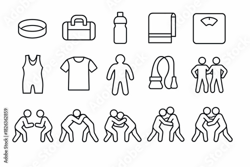 Wrestling and fitness icons: linear outline sports equipment and activity set