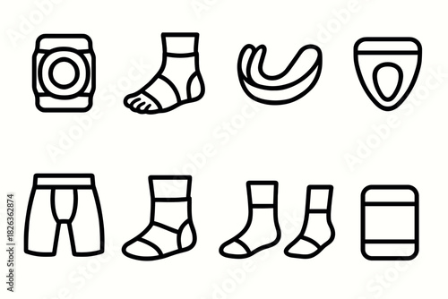 Outline icons of sports gear including socks, wristbands, and mouthguards