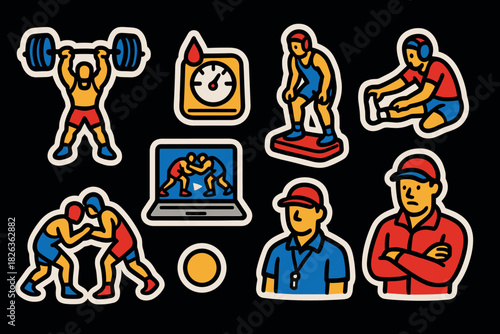 Colorful wrestling activity icons with timer and coach in bold style