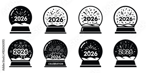 Illustration of the new year celebration snow globe silhouette vector icon set. happy New Year 2026 vector icons