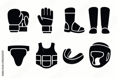 Silhouette icons of boxing gear set for sports and fitness enthusiasts