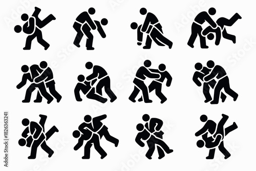 Martial arts silhouettes: variety of grappling and throwing techniques